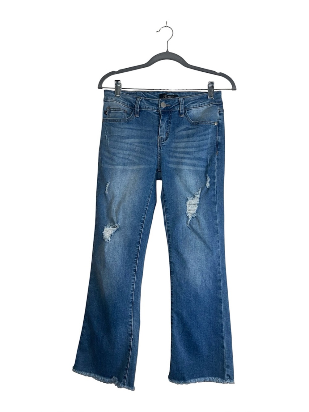 Judy Blue Distressed Medium Blue Distressed RelaxedCrop Flare Jeans Sz 28